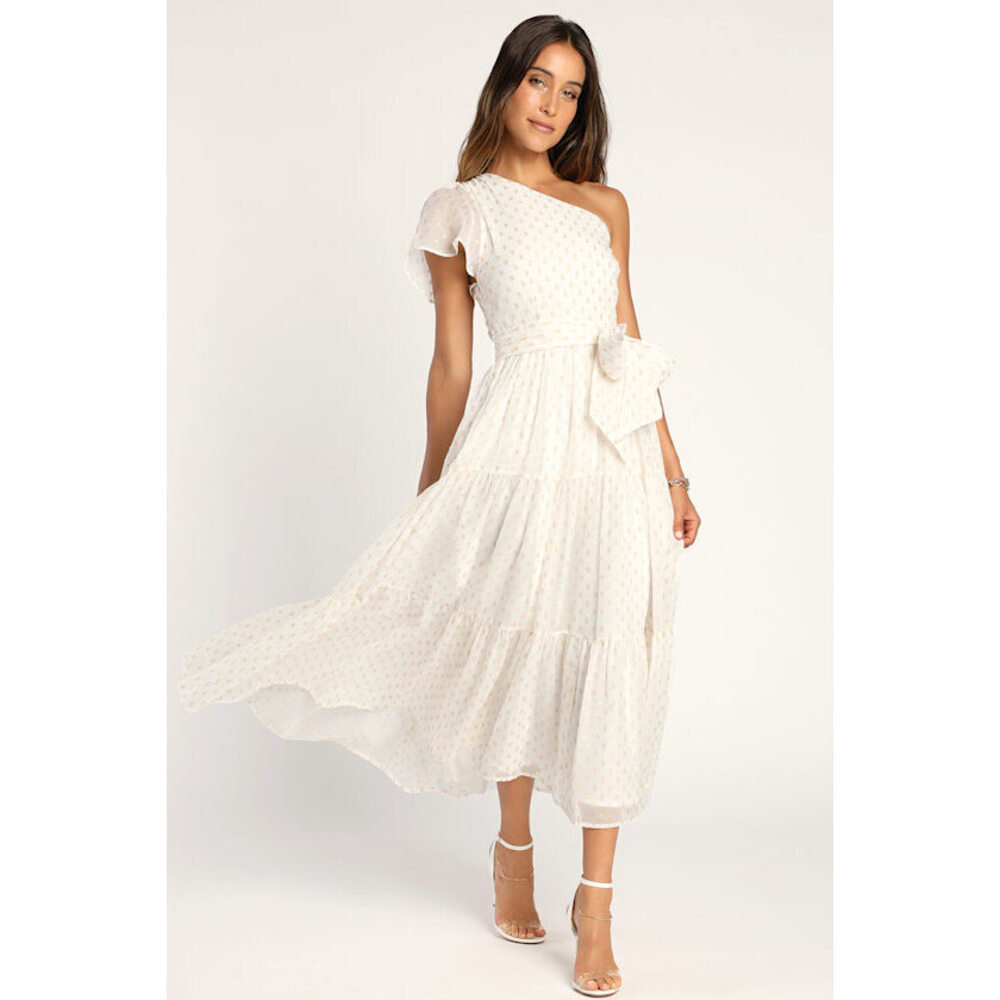 Lulus Shining Sight White Metallic Gold Dotted One-shoulder Midi Dress - Size M